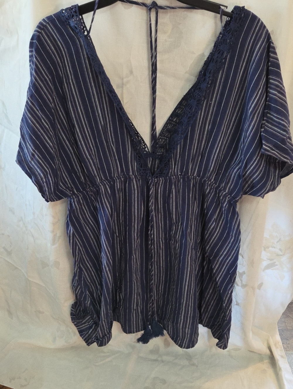 Navy Striped V-Neck Crochet-Trim Skirt Romper